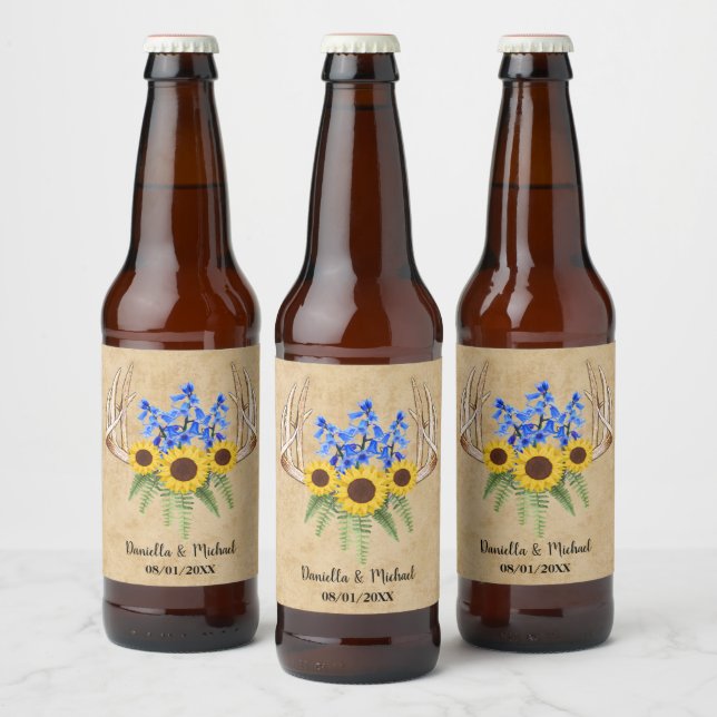 Étiquette Pour Bouteilles De Bière Rustique Floral Antlers Mariage Faveur (Bouteilles)