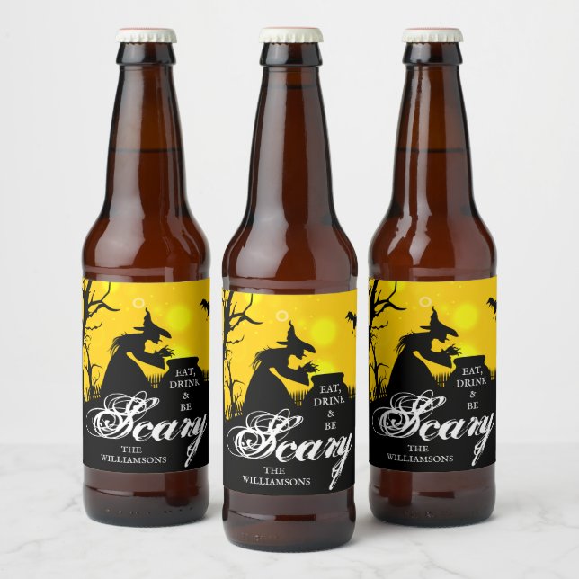 Étiquette Pour Bouteilles De Bière Silhouette de sorcière pieuse Halloween (Bouteilles)