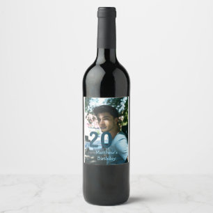 Étiquette Pour Bouteilles De Vin 20e anniversaire ajouter nom photo date homme bleu
