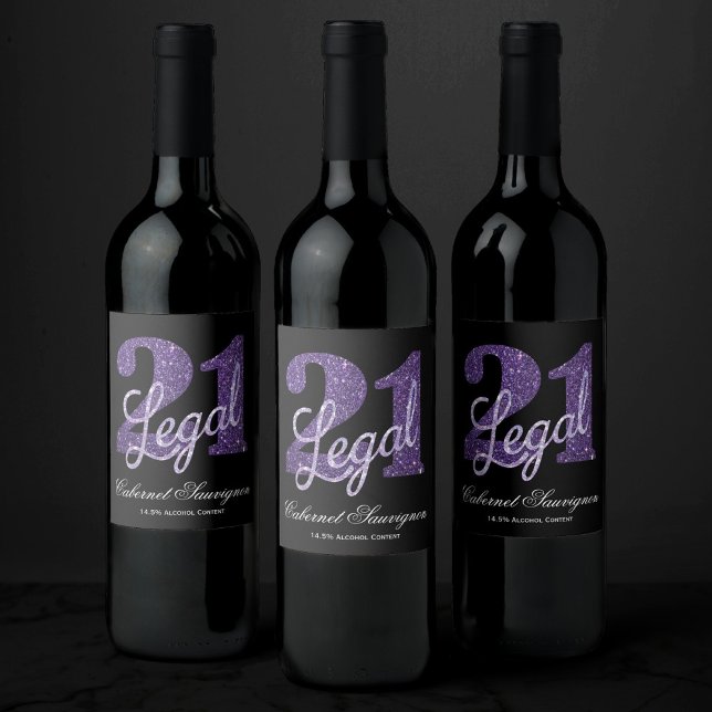 Étiquette Pour Bouteilles De Vin 21 et juridique | Purple Faux Parties scintillant  (Créateur téléchargé)