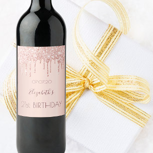 Étiquette Pour Bouteilles De Vin 21e anniversaire fête rose gouttes d'or