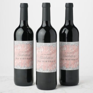 Étiquette Pour Bouteilles De Vin 21e anniversaire rose or argent gouttes nom