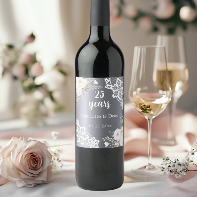 Étiquette Pour Bouteilles De Vin 25e anniversaire du mariage floraux d'argent (Créateur téléchargé)