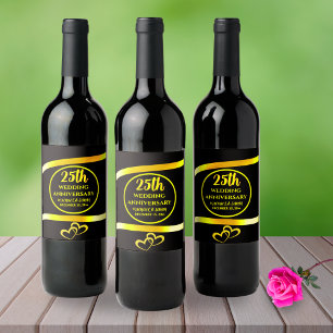 Étiquette Pour Bouteilles De Vin 25e Black Gold Modern Mariage Anniversaire Party