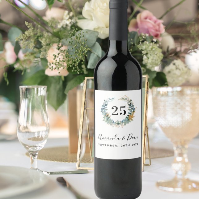 Étiquette Pour Bouteilles De Vin 25e couronne d'eucalyptus mariage (Créateur téléchargé)