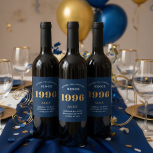 Étiquette Pour Bouteilles De Vin 30e anniversaire Nom 1996 Blue Gold Elegant Chic