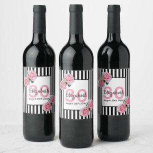 Étiquette Pour Bouteilles De Vin 30e anniversaire rose roses noir blanc rayures