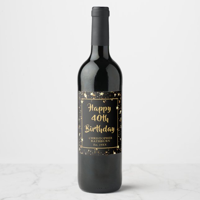 Étiquette Pour Bouteilles De Vin 40e anniversaire Brush Script Black Gold Stars (Devant)