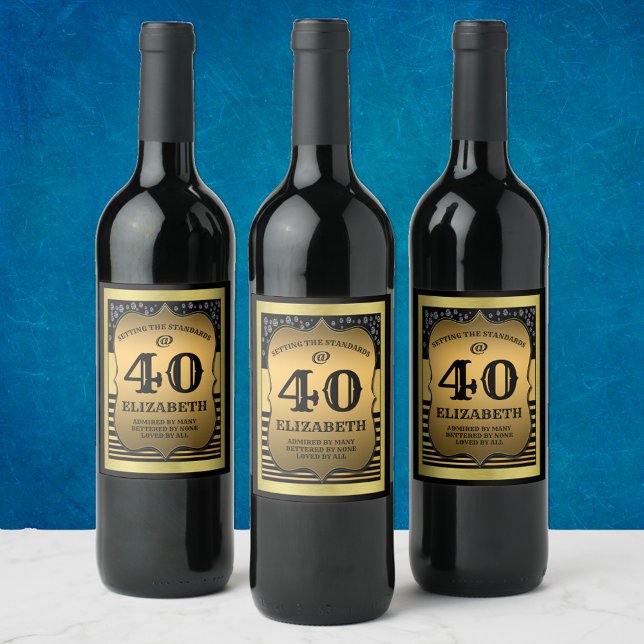 Étiquette Pour Bouteilles De Vin 40e anniversaire Célébration Black & Gold Standard (Créateur téléchargé)