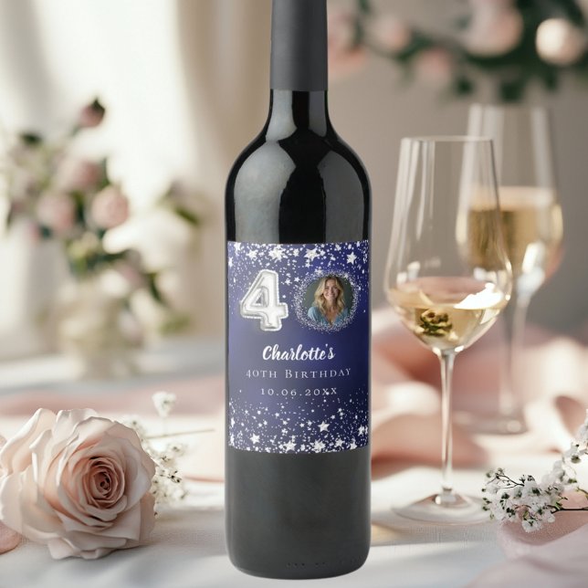 Étiquette Pour Bouteilles De Vin 40e anniversaire marine bleu argent étoiles photo (Créateur téléchargé)