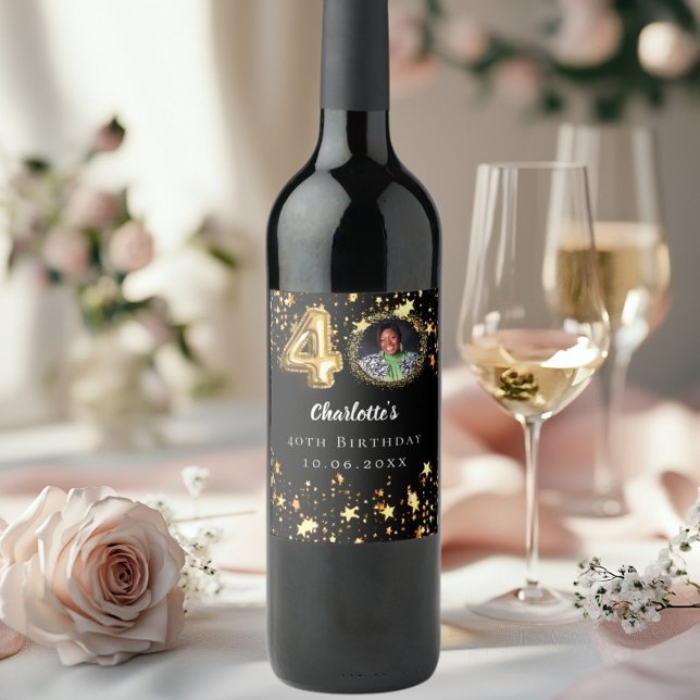 Étiquette Pour Bouteilles De Vin 40e anniversaire noir étoiles or photo (Créateur téléchargé)
