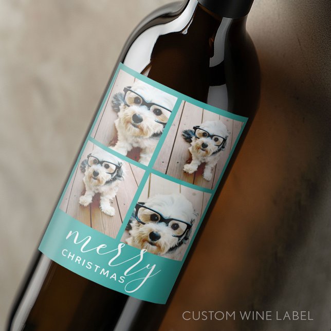 Étiquette Pour Bouteilles De Vin 4 Photo Collage - Moderne Joyeux Noël aqua (Custom Wine Bottle Label - Personalize a Sticker for a fun gift or memento)