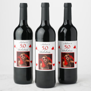 Étiquette Pour Bouteilles De Vin 50 & Fabulous Custom Photo Name Red 50th Birthday