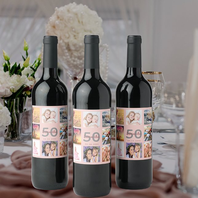 Étiquette Pour Bouteilles De Vin 50e anniversaire fête personnalisée photo collage  (Créateur téléchargé)