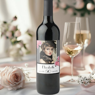 Étiquette Pour Bouteilles De Vin 50e anniversaire noir blanc rayures photo florale