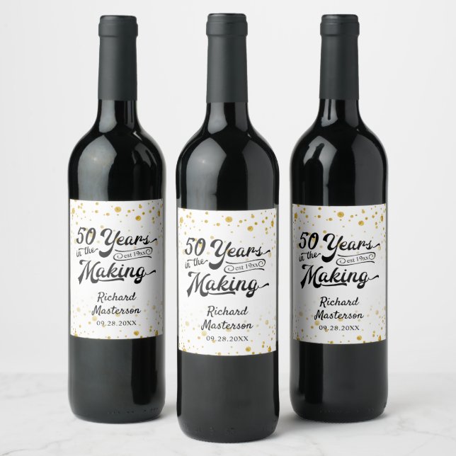 Étiquette Pour Bouteilles De Vin 50e Anniversaire Noir Confetti Retro Script (Bouteilles)