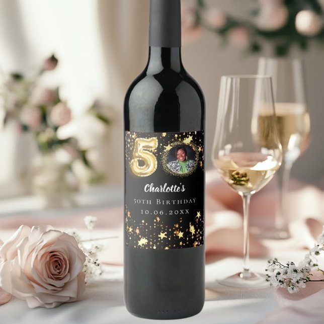 Étiquette Pour Bouteilles De Vin 50e anniversaire noir étoiles d'or photo (Créateur téléchargé)