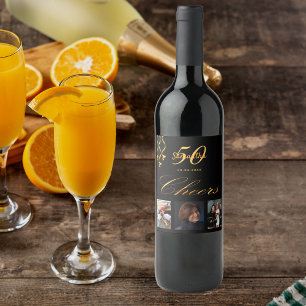 Étiquette Pour Bouteilles De Vin 50e anniversaire photo noir or chante script