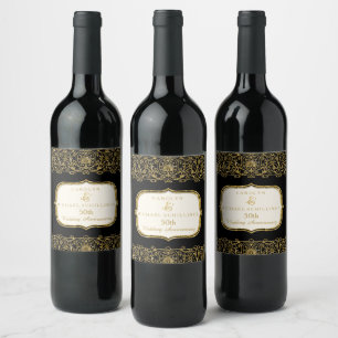 Étiquette Pour Bouteilles De Vin 50e cinquantième anniversaire d'or Noir et Or