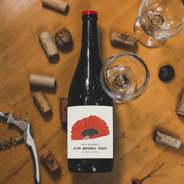 Étiquette Pour Bouteilles De Vin 50ème Fan Flamenco Rouge (Red and black flamenco fan fiftieth birthday party wine bottle label stickers.)