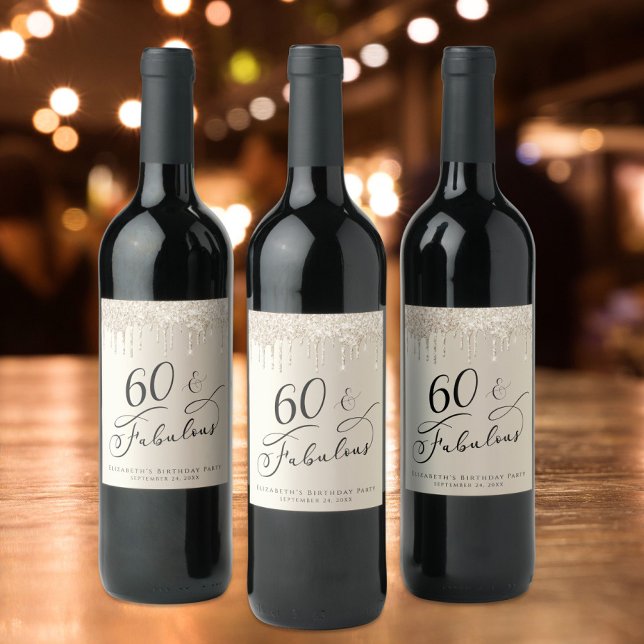 Étiquette Pour Bouteilles De Vin 60 Fabuleux Anniversaire Parties scintillant d'or  (Créateur téléchargé)