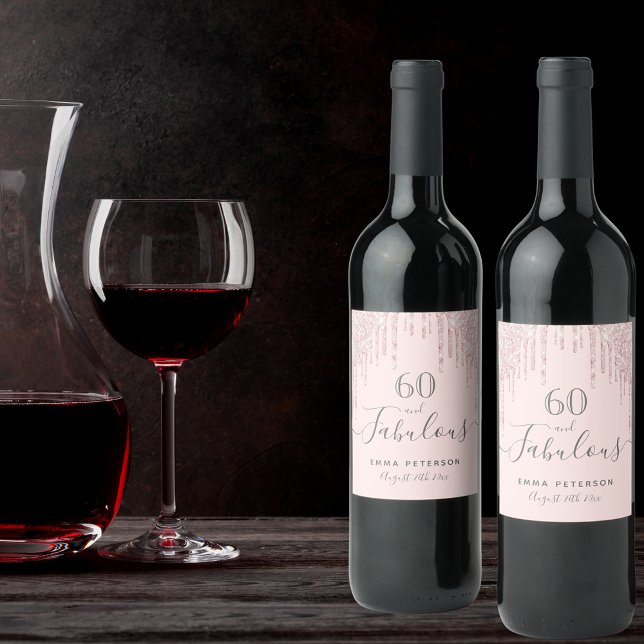 Étiquette Pour Bouteilles De Vin 60 fabuleux anniversaire rose parties scintillant  (Créateur téléchargé)