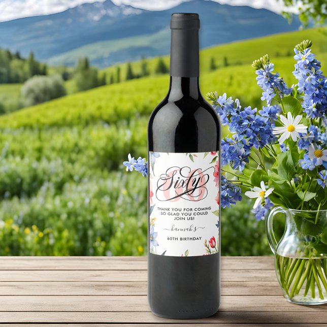 Étiquette Pour Bouteilles De Vin 60e anniversaire de fête aquarelle Floral (Créateur téléchargé)