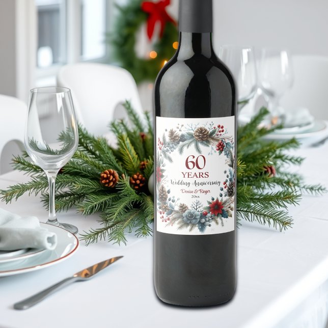Étiquette Pour Bouteilles De Vin 60e anniversaire de Mariage diamant Elégant hiver (Créateur téléchargé)