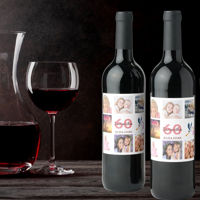 Étiquette Pour Bouteilles De Vin 60e anniversaire fête photo collage (Créateur téléchargé)