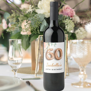 Étiquette Pour Bouteilles De Vin 60e anniversaire floral rose or eucalyptus monogra