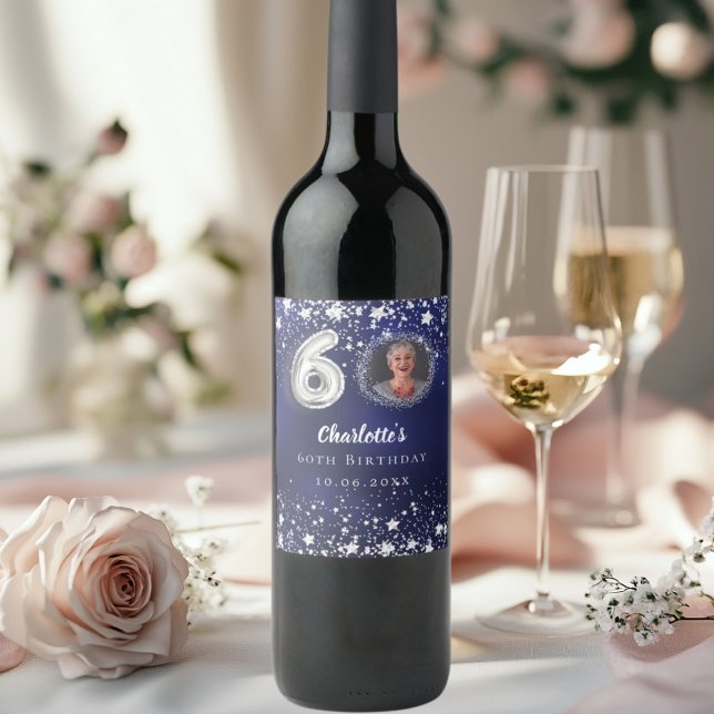 Étiquette Pour Bouteilles De Vin 60e anniversaire marine bleu argent étoiles photo (Créateur téléchargé)