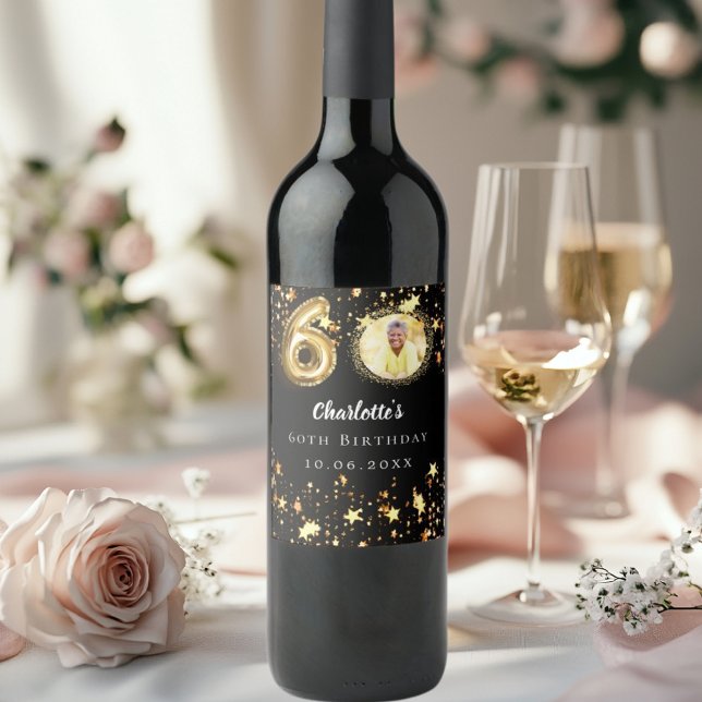 Étiquette Pour Bouteilles De Vin 60e anniversaire noir étoiles d'or photo (Créateur téléchargé)