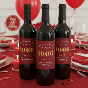 Étiquette Pour Bouteilles De Vin 60e anniversaire Nom 1966 Rouge or élégant chic