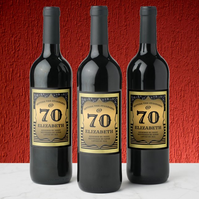 Étiquette Pour Bouteilles De Vin 70e anniversaire Célébration Black & Gold Standard (Créateur téléchargé)