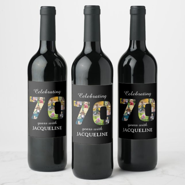 Étiquette Pour Bouteilles De Vin 70e anniversaire Modèle photo noir (Bouteilles)