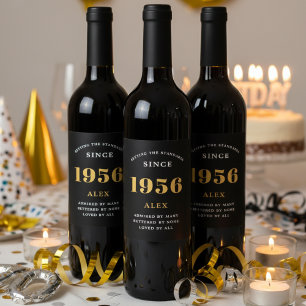 Étiquette Pour Bouteilles De Vin 70e anniversaire Nom 1956 Black Gold Elegant Chic