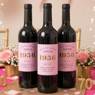Étiquette Pour Bouteilles De Vin 70e anniversaire Nom 1956 Pink Gold Elegant Chic