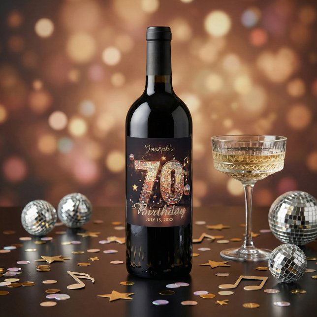 Étiquette Pour Bouteilles De Vin 70th Birthday Party Disco Music Gold Sparkles (Créateur téléchargé)