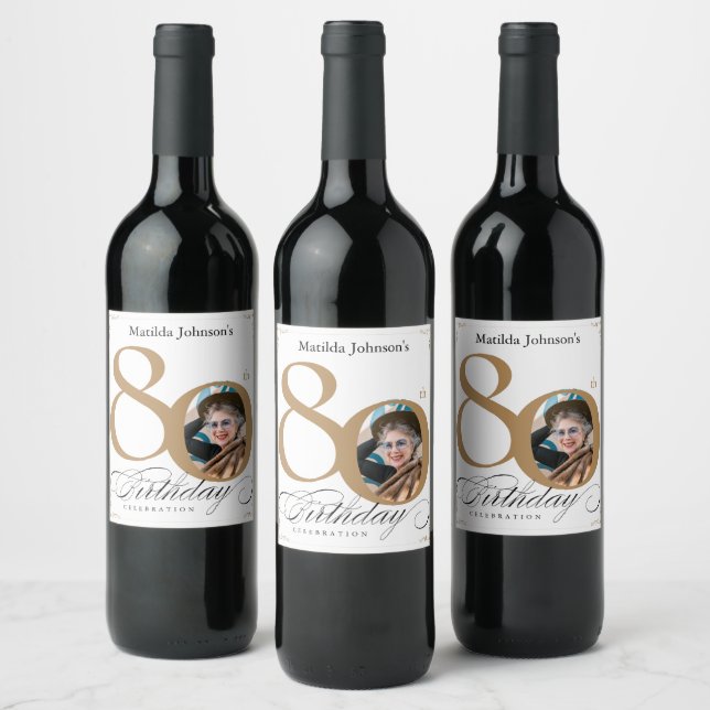 Étiquette Pour Bouteilles De Vin 80e anniversaire Elegant Gold White Photo personna (Bouteilles)