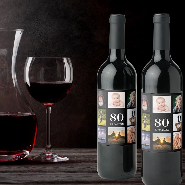 Étiquette Pour Bouteilles De Vin 80e anniversaire fête photo collage mec noir (Créateur téléchargé)