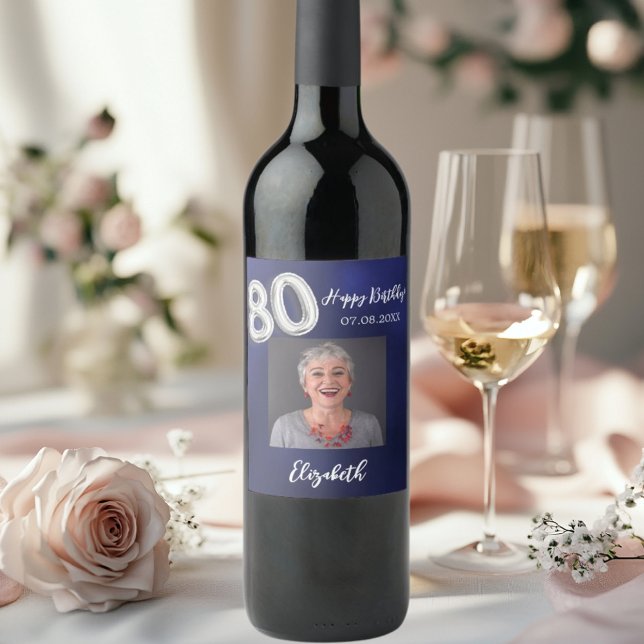 Étiquette Pour Bouteilles De Vin 80e anniversaire marine bleu photo (Créateur téléchargé)