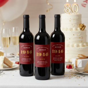 Étiquette Pour Bouteilles De Vin 80e anniversaire Nom 1946 Rouge or élégant chic