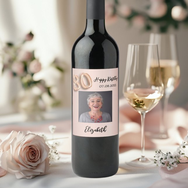 Étiquette Pour Bouteilles De Vin 80e anniversaire rose or rose photo (Créateur téléchargé)