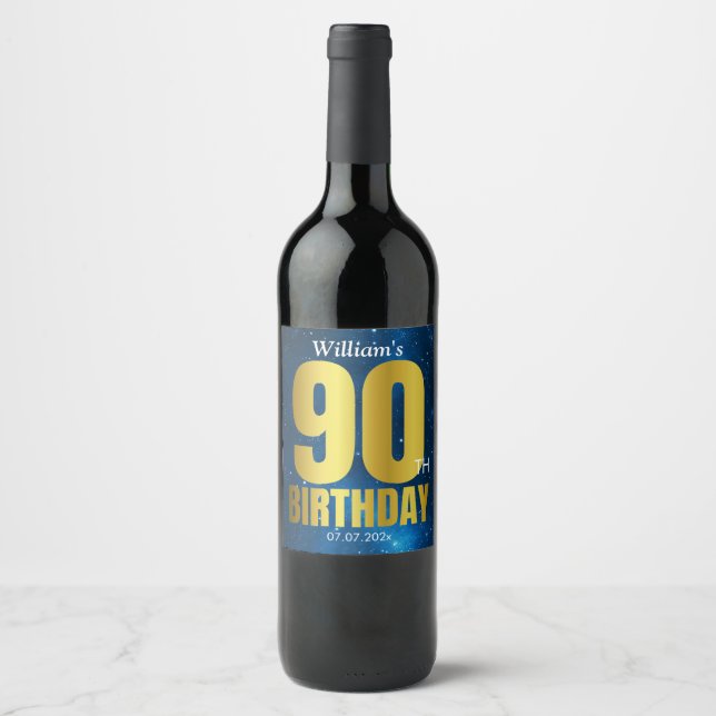 Étiquette Pour Bouteilles De Vin 90e anniversaire Blue Gold (Devant)