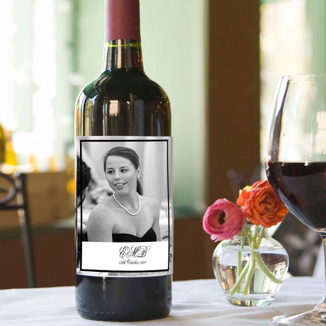 Étiquette Pour Bouteilles De Vin 90e anniversaire Elégant Monogramme photo noir bla (Créateur téléchargé)