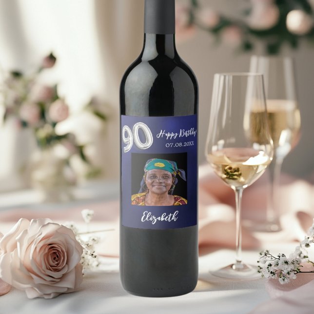Étiquette Pour Bouteilles De Vin 90e anniversaire marine photo bleue (Créateur téléchargé)