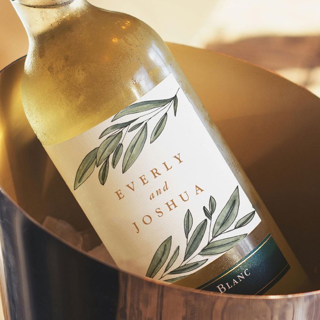 Étiquette Pour Bouteilles De Vin À feuillage persistant romantique (Romantic Evergreen watercolor botanical wedding wine bottle label)