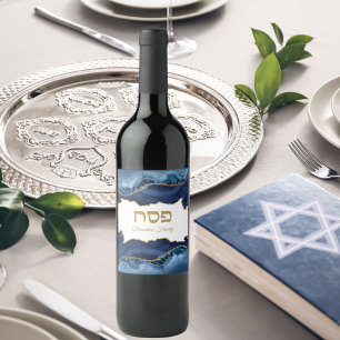 Étiquette Pour Bouteilles De Vin Agate bleu et or Hébreu Séder de la Pâque