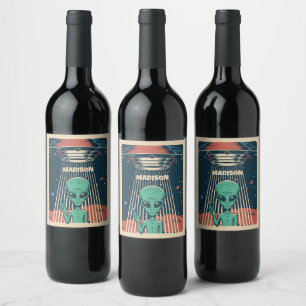 Étiquette Pour Bouteilles De Vin Alien UFO de nom personnalisé