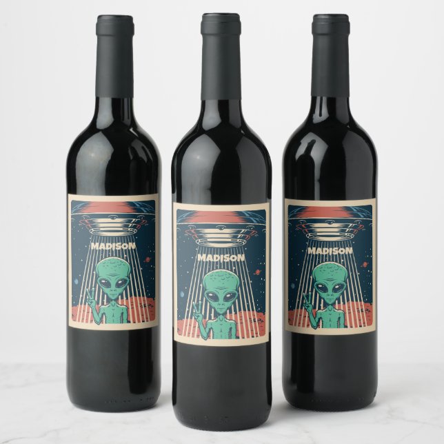 Étiquette Pour Bouteilles De Vin Alien UFO de nom personnalisé (Bouteilles)